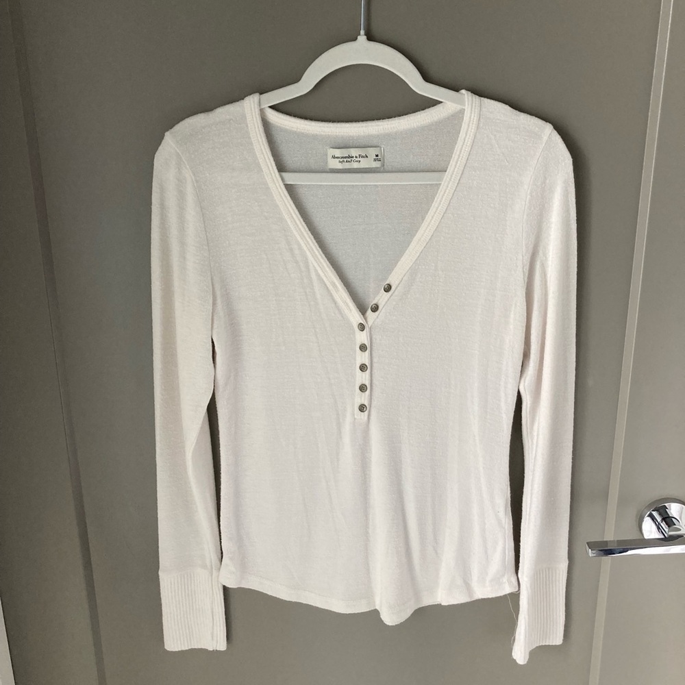 White Long-Sleeve Henley Top with Snap Button Placket